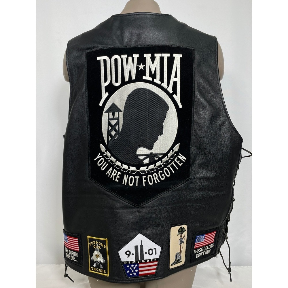 POW MIA Veteran 9/11 Patches Black Leather Motorcycle Biker Vest Women's XL
